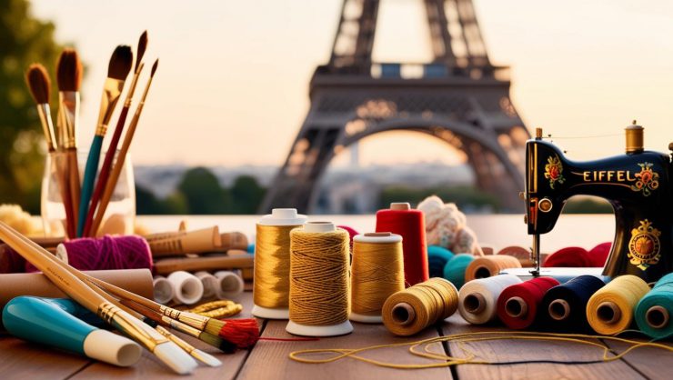 Moda e arte em Paris material artístico e costura com Torre Eiffel ao fundo